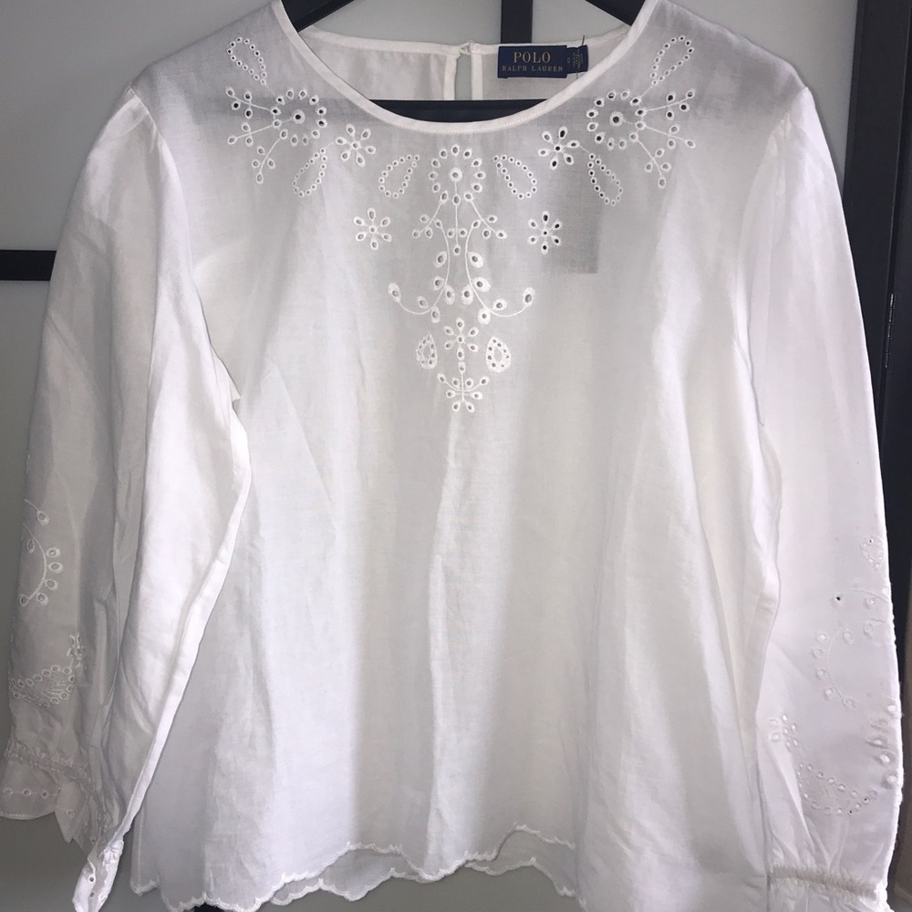 Polo Ralph Lauren womens Cotton Blouse Embroidered 3/4 Sleeves White